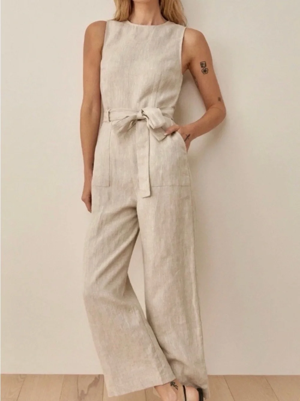 Reformation Naomi Linen Sleeveless Wide-Leg Jumpsuit - Natural